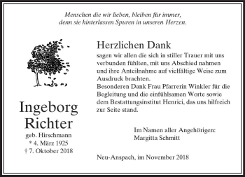Traueranzeige von Ingeborg Richter von  Usinger Anzeiger