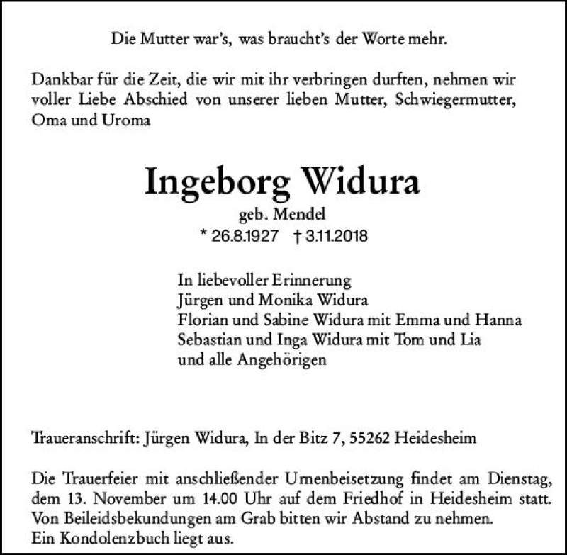  Traueranzeige für Ingeborg Widura vom 09.11.2018 aus vrm-trauer