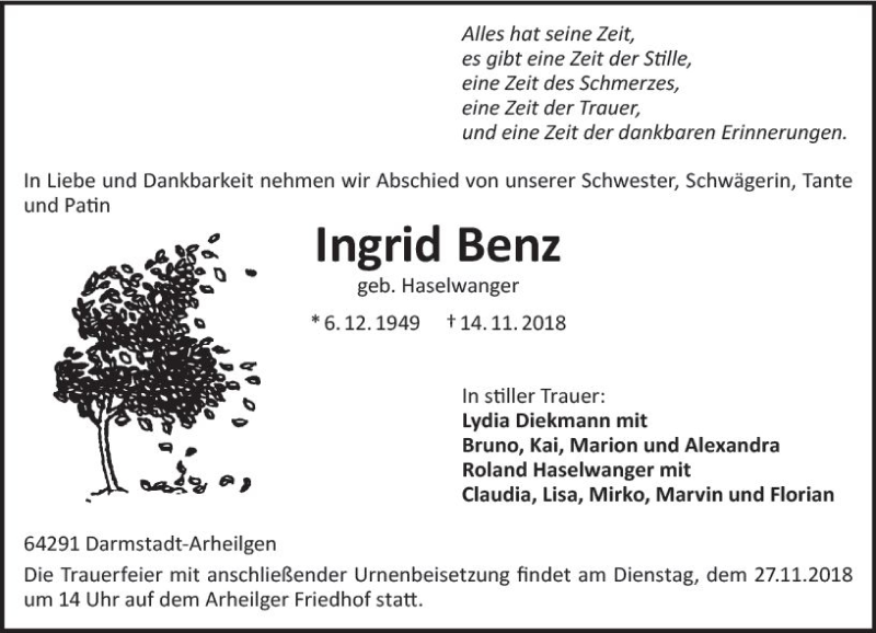  Traueranzeige für Ingrid Benz vom 24.11.2018 aus vrm-trauer