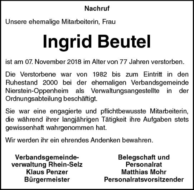  Traueranzeige für Ingrid Beutel vom 14.11.2018 aus vrm-trauer