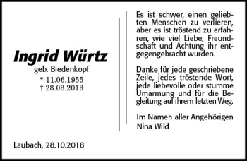 Traueranzeige von Ingrid Würtz von  Gießener Anzeiger