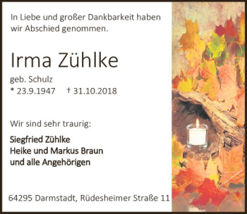 Traueranzeige von Irma Zühlke von vrm-trauer