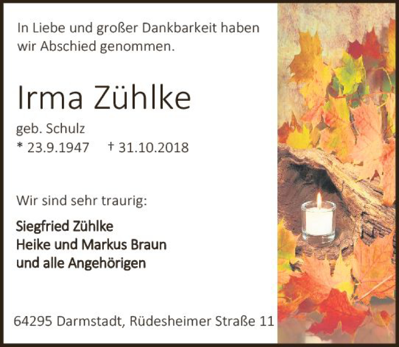 Traueranzeige für Irma Zühlke vom 10.11.2018 aus vrm-trauer