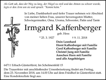 Traueranzeige von Irmgard Kaffenberger von vrm-trauer