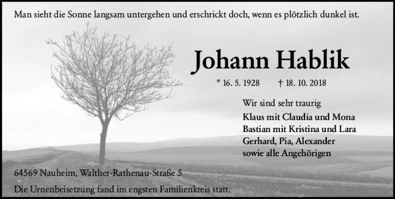  Traueranzeige für Johann Hablik vom 10.11.2018 aus vrm-trauer