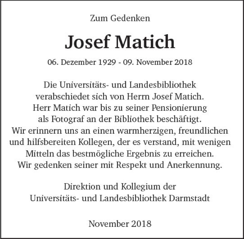  Traueranzeige für Josef Matich vom 17.11.2018 aus vrm-trauer