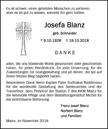 Traueranzeige von Josefa Blanz von vrm-trauer