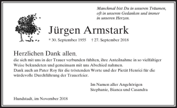 Traueranzeige von Jürgen Armstark von  Usinger Anzeiger