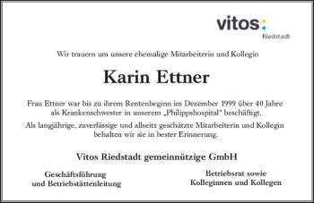 Traueranzeige von Karin Ettner von vrm-trauer