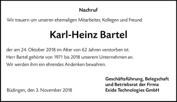 Traueranzeige von Karl-Heinz Bartel von  Kreisanzeiger