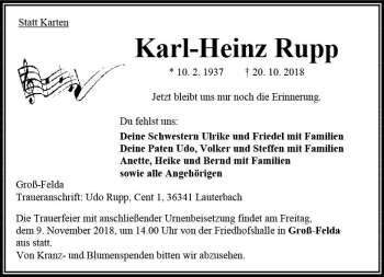 Traueranzeige von Karl-Heinz Rupp von VRM Trauer