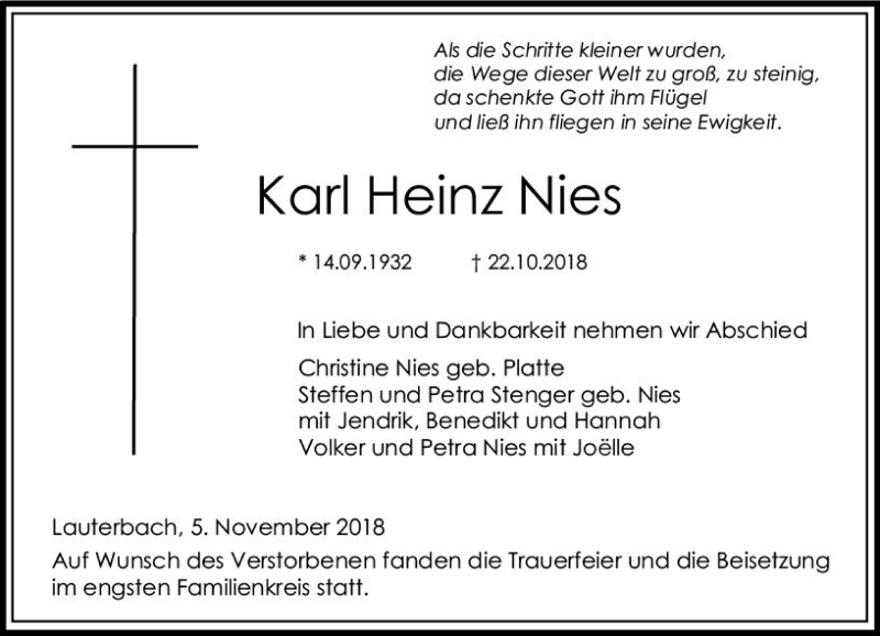 Traueranzeige für Karl Heinz Nies vom 05.11.2018 aus VRM Trauer