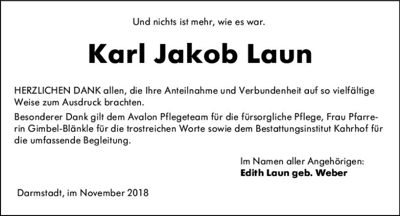  Traueranzeige für Karl Jakob Laun vom 24.11.2018 aus vrm-trauer