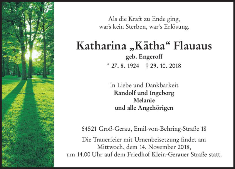  Traueranzeige für Katharina Flauaus vom 10.11.2018 aus vrm-trauer
