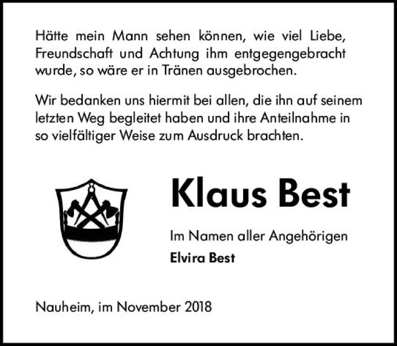  Traueranzeige für Klaus Best vom 24.11.2018 aus vrm-trauer