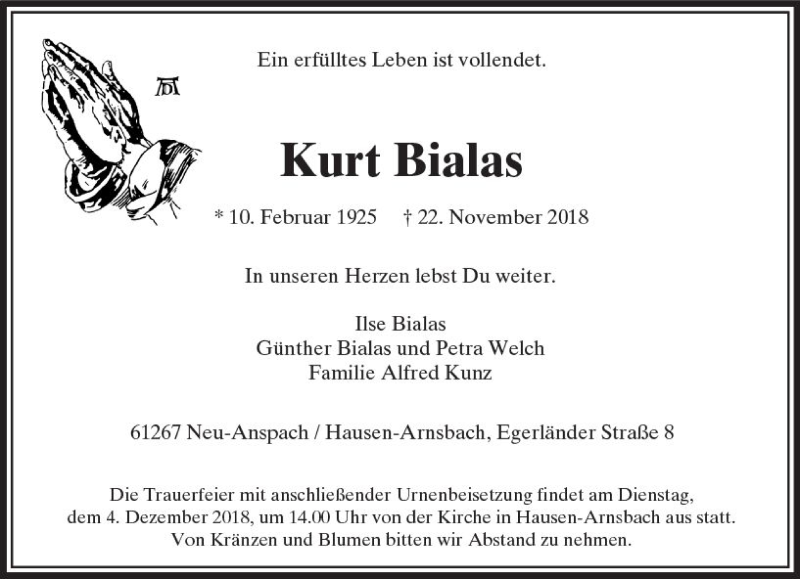  Traueranzeige für Kurt Bialas vom 28.11.2018 aus  Usinger Anzeiger