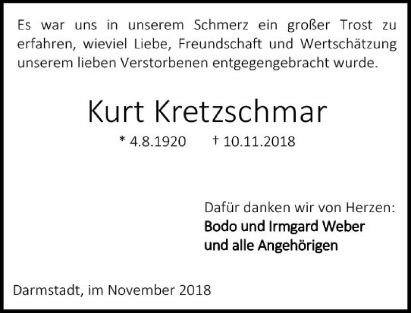  Traueranzeige für Kurt Kretzschmar vom 24.11.2018 aus vrm-trauer