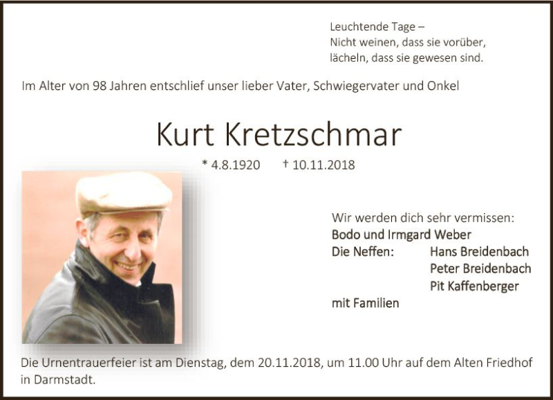  Traueranzeige für Kurt Kretzschmar vom 17.11.2018 aus vrm-trauer