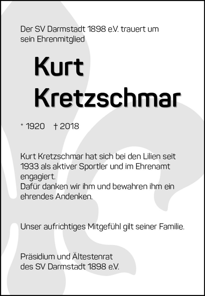  Traueranzeige für Kurt Kretzschmar vom 15.11.2018 aus vrm-trauer