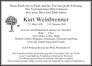 Traueranzeige von Kurt Weinbrenner von  Usinger Anzeiger