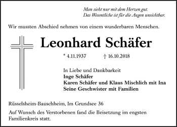 Traueranzeige von Leonhard Schäfer von vrm-trauer