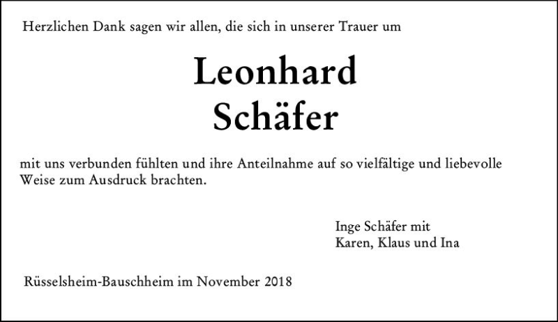  Traueranzeige für Leonhard Schäfer vom 17.11.2018 aus vrm-trauer