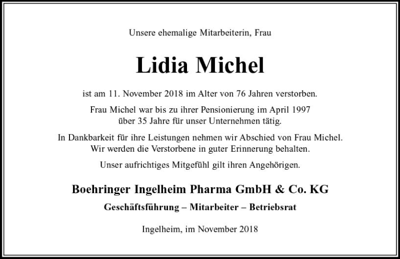  Traueranzeige für Lidia Michel vom 17.11.2018 aus vrm-trauer