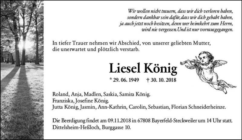  Traueranzeige für Liesel König vom 07.11.2018 aus vrm-trauer