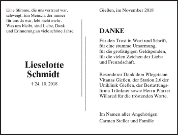 Traueranzeige von Lieselotte Schmidt von  Gießener Anzeiger