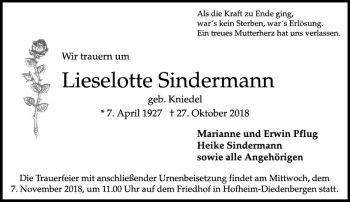 Traueranzeige von Lieselotte Sindermann von vrm-trauer