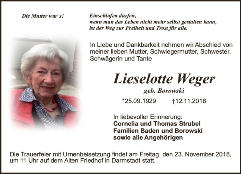  Traueranzeige für Lieselotte Weger vom 17.11.2018 aus vrm-trauer