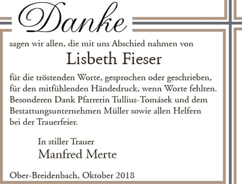  Traueranzeige für Lisbeth Fieser vom 17.11.2018 aus VRM Trauer