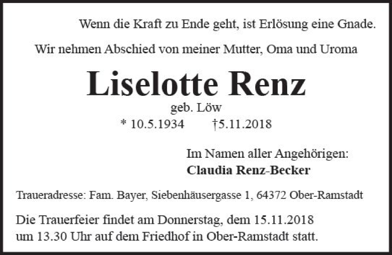  Traueranzeige für Liselotte Renz vom 10.11.2018 aus vrm-trauer