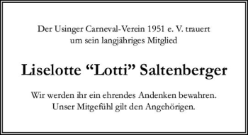 Traueranzeige von Liselotte Lotti Saltenberger von  Usinger Anzeiger