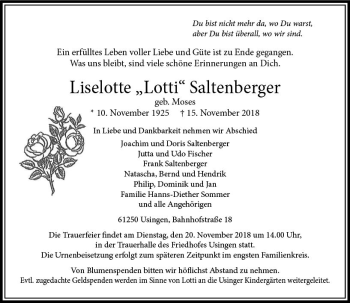 Traueranzeige von Liselotte Lotti Saltenberger von  Usinger Anzeiger