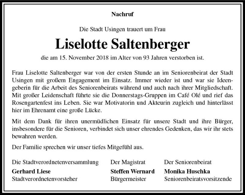  Traueranzeige für Liselotte Lotti Saltenberger vom 20.11.2018 aus  Usinger Anzeiger