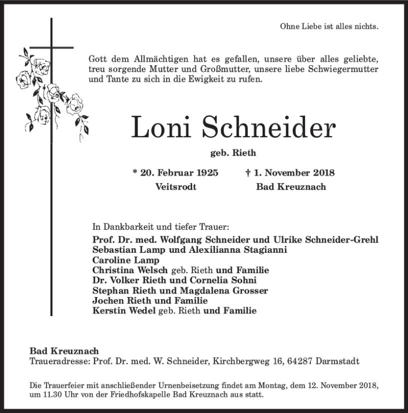  Traueranzeige für Loni Schneider vom 07.11.2018 aus vrm-trauer