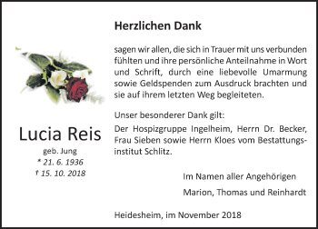 Traueranzeige von Lucia Reis von vrm-trauer