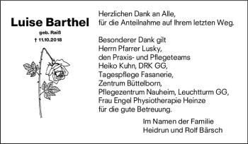 Traueranzeige von Luise Barthel von vrm-trauer