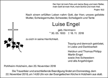 Traueranzeige von Luise Engel von  Gießener Anzeiger