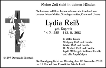 Traueranzeige von Lydia Reiß von vrm-trauer