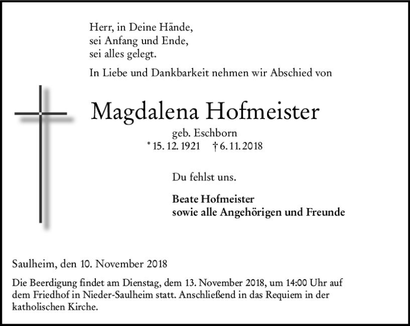  Traueranzeige für Magdalena Hofmeister vom 10.11.2018 aus vrm-trauer