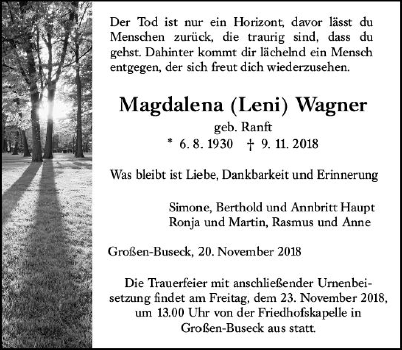  Traueranzeige für Magdalena Wagner vom 20.11.2018 aus  Gießener Anzeiger