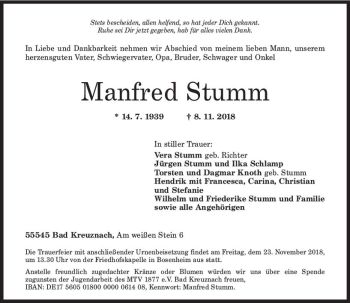 Traueranzeige von Manfred Stumm von vrm-trauer
