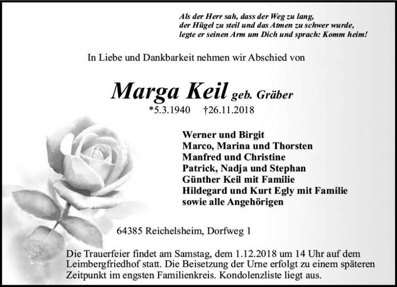  Traueranzeige für Marga Keil vom 29.11.2018 aus vrm-trauer