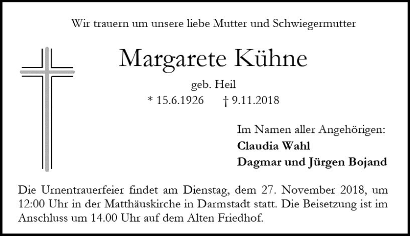  Traueranzeige für Margarete Kühne vom 17.11.2018 aus vrm-trauer