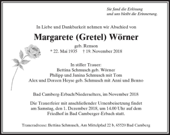 Traueranzeige von Margarete Gretel Wörner von  Camberger Anzeiger