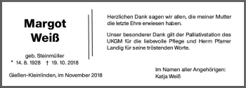 Traueranzeige von Margot Weiß von  Gießener Anzeiger