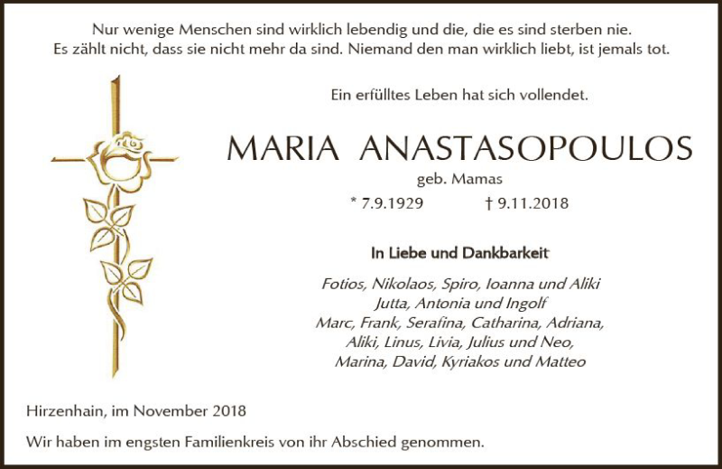  Traueranzeige für Maria Anastasopoulos vom 17.11.2018 aus  Kreisanzeiger