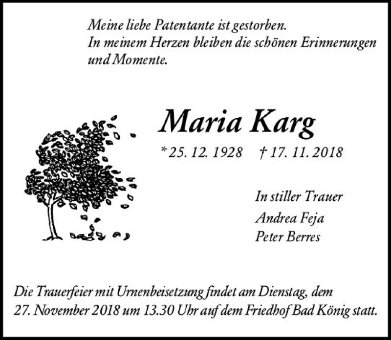  Traueranzeige für Maria Karg vom 24.11.2018 aus vrm-trauer
